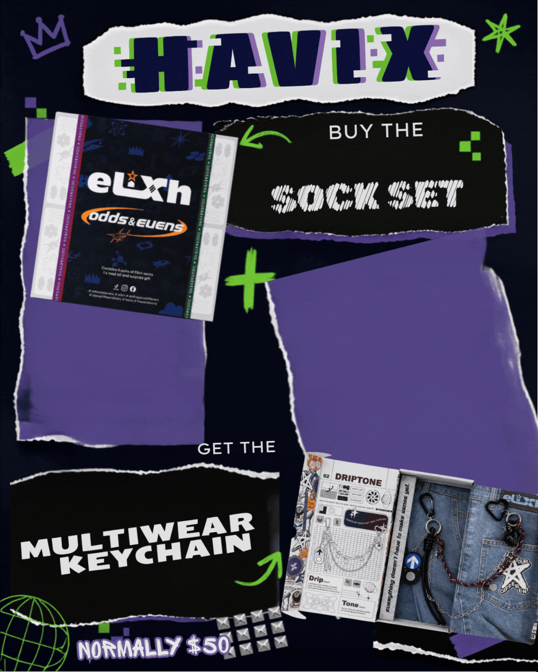 Buy 1 Get 1 Free - INFINITY SOCK SET (6 Pairs) + FREE DRIP TONE KEYCHAIN 1